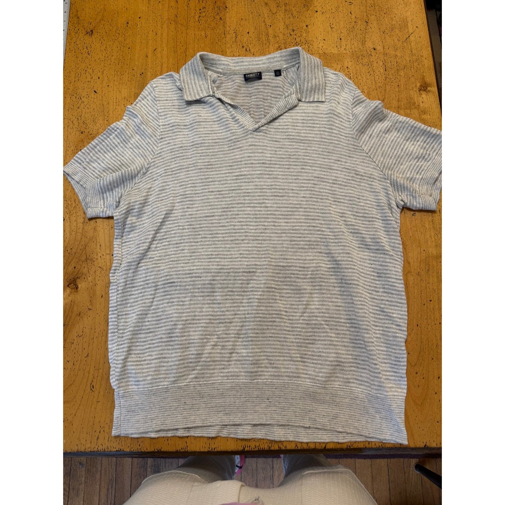 Faherty Reserve Linen Polo XXL Ivory Steel Feeder Stripe Short Sleeve Sweater